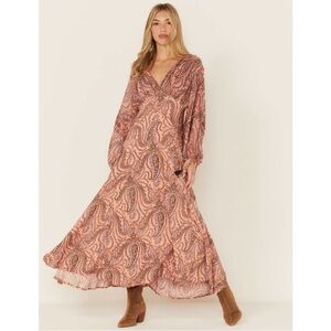 Free People Mirage Long Sleeve Pink Paisley Maxi Dress sz 2